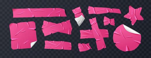 Set of hot pink duct tapes, adhesive tapes and sticky paper strips. Isolated wrinkled elements in various shapes on background. Realistic crumpled tape pieces for collages, scrapbooking. vector