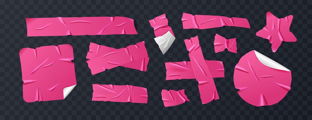 Set of hot pink duct tapes, adhesive tapes and sticky paper strips. Isolated wrinkled elements in various shapes on background. Realistic crumpled tape pieces for collages, scrapbooking.