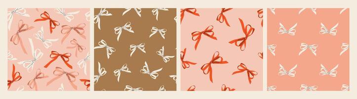 Seamless pattern set with various bow knots. Isolated coquettish tiles for fabric, textiles, wrapping paper, festive designs. Hand drawn cute prints with red and white bows. vector