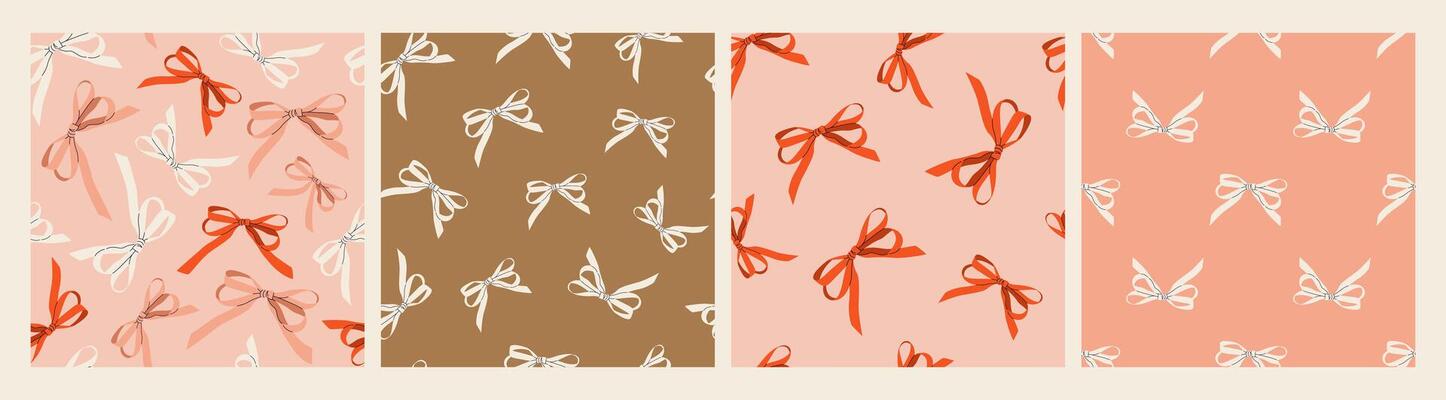 Seamless pattern set with various bow knots. Isolated coquettish tiles for fabric, textiles, wrapping paper, festive designs. Hand drawn cute prints with red and white bows.