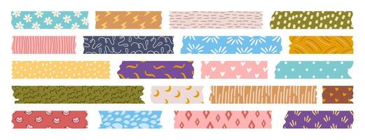 Set of isolated washi tape strips, sticky duct tapes, adhesive notes, stickers. Patterned elements with ripped edges on a white background. Collection of torn paper pieces for scrapbooking. vector