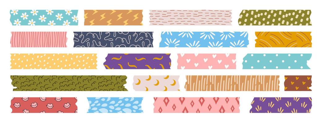 Set of isolated washi tape strips, sticky duct tapes, adhesive notes, stickers. Patterned elements with ripped edges on a white background. Collection of torn paper pieces for scrapbooking.