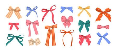 Set of hand drawn multicolored bows, bow knots, bow ties, ribbons, and hair bows. Isolated elements on white background. Bundle of patterned bows in flat style for celebration designs. Clipart. vector