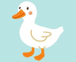 white duck stands tall with an orange beak and burning eyes. Cute simple style hand dawn illustration isolated on blue. bird design for print on clothe paper child things vector