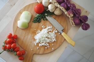 Fresh ingredients prepared for cooking in a bright kitchen setting photo