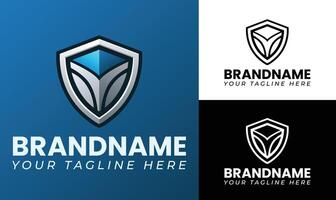 3D tech shield logo design template for software company cybersecurity brand or digital protection identity vector