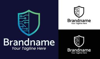 Tech circuit shield logo design template for cybersecurity company software brand or digital protection service vector