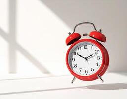 Red retro style alarm clock flying on cream white background photo