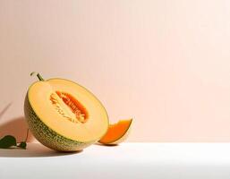 Half and a slice of melon on pastel background with free space for text photo