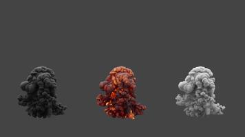 Set of three types of fire explosions. The first explosion contains little fire. The second explosion contains more fire. The third explosion consists of white smoke. File contains Alpha Channel. video