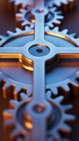 Looping animation of a mechanical structure made of metal gears. Cyclic movement. Close-up. Vertical composition. Defocus. video