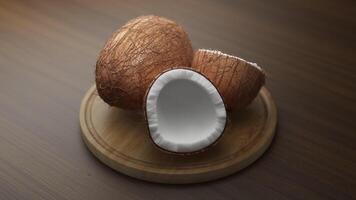 Looping animation around a composition of hairy coconuts lying on a wooden board. Loop motion. Defocus. Close-up. video
