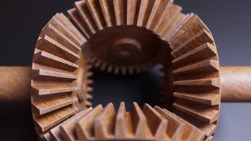 Looping animation of a mechanical construction made of wooden gears. Cyclic movement. Horizontal composition. Defocus. video