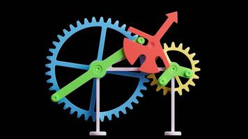 Looping animation of a mechanical construction made of plastic gears. Alpha Channel. Cyclic movement. Horizontal composition. video