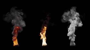 Set of three fire burning variants. The first variant has a lot of smoke. The second variant contains more fire. The third variant consists of white smoke. File contains Alpha Channel. video