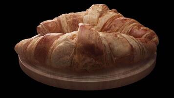 Looping animation around a composition of two croissants lying on a wooden board. Loop motion. Alpha Channel. Close-up. video