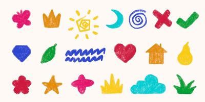 Colorful crayon doodles and scribbles with different simple concept symbols. Stickers, graphic design element set. childish illustrations. vector