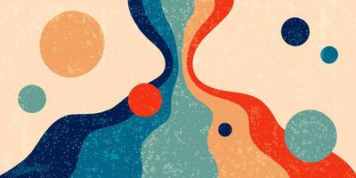 Wavy psychedelic retro banner with stripes. Painted wall with the abstract circles and paint drops. Old-fashioned 1970s design aesthetic, illustrations. vector
