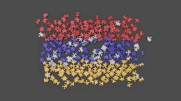 Animation of a Armenia flag falling onto the surface, assembled from a puzzle with an alpha channel and a shadow. Wind blows the scattered pieces out of frame video