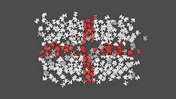 Animation of a England flag falling onto the surface, assembled from a puzzle with an alpha channel and a shadow. Wind blows the scattered pieces out of frame video