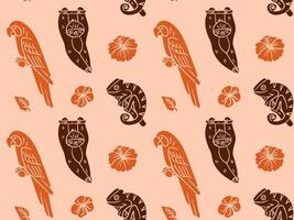 Hand-drawn seamless pattern with sloth, parrot, chameleon, and tropical flowers. Doodle pen imitation, great for jungle-themed decor, textile prints, and summer design projects. vector