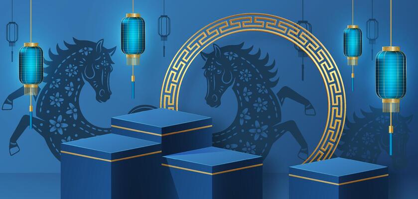 3d Podium square blue stage for happy Chinese new year 2026 horse Zodiac
