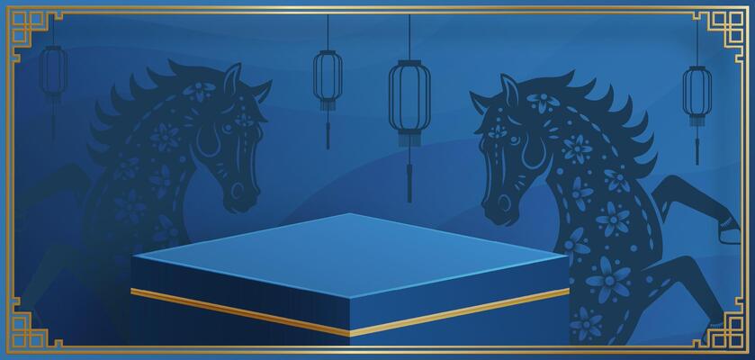 3d blue Podium square stage for happy Chinese new year 2026 horse Zodiac sign