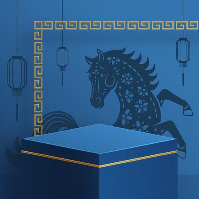 3d blue Podium square stage for happy Chinese new year 2026 blue horse Zodiac sign