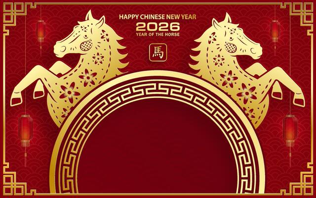 Happy Chinese new year 2026 horse Zodiac sign, with frame and gold paper cut style on color background