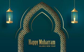 Happy Muharram, the Islamic New Year, new Hijri year design with gold pattern on green color background vector