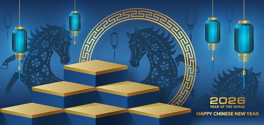 3d Podium blue square stage for happy Chinese new year 2026 horse Zodiac sign