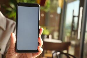 Checking a smartphone at a cafe in daylight hours photo