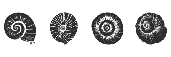 Snail And Ammonite Shell Silhouette Set. Nautical And Fossil Theme For Nature And Marine Life. Isolated Illustration Collection vector