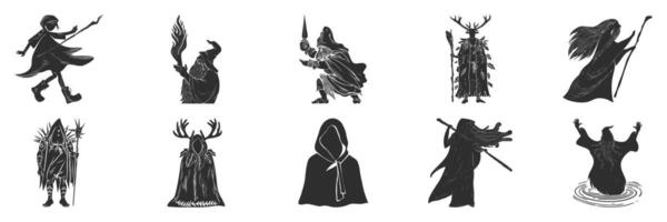 Silhouettes Of Mystical Figures And Wizards Set. Fantasy And Magic Themes Isolated Illustration Collection vector