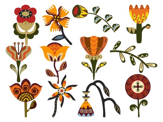 Set Of Abstract Flower Elements Ornamental Floral Design Inspired By Africa Patterns And Hand Drawn Folk Flower.