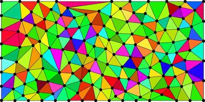 A vibrant abstract mosaic of colorful geometric triangles, each bordered in black with nodes, forming a complex and dynamic pattern across a rectangular canvas. vector