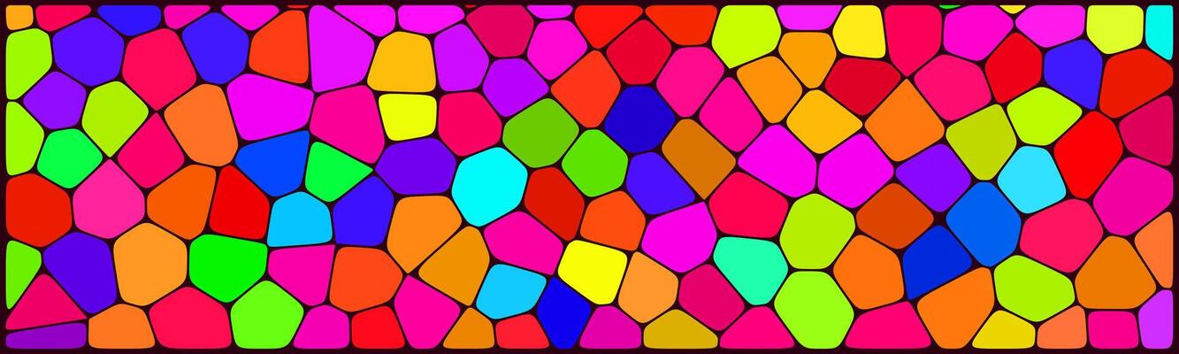 A vibrant mosaic pattern featuring irregular, multicolored geometric tiles with a stained-glass effect, outlined in black for a bold, abstract look.