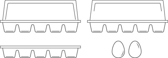 Set of chicken eggs and egg trays. Outline style. vector