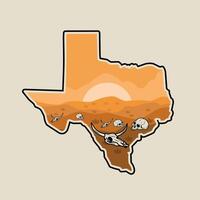 Texas Map With Desert Scenery and Long Horn and Man Skull vector