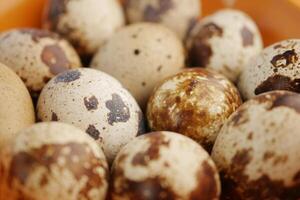 Quail eggs arranged in a rustic bowl ready for preparation photo