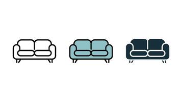 Couch Icon Set A stylish couch icon set, perfect for interior design, home decor, and furniture-related projects. The set includes line, color, and solid styles to suit various design needs. vector