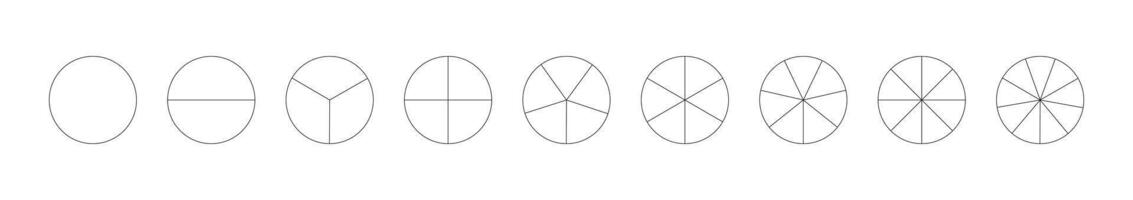 Circle division on from 1 to 9 equal parts. Round divided diagrams with from one to nine segments. Set of infographic icon. Coaching blank. Pizza, pie chart. Segmented pinwheel black. Outline graphics vector