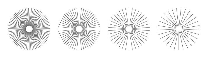 Radial circle lines. Circular black lines elements. Symbol of Sun star rays. Flat design minimal elements. Set of spokes with radiating stripes. Abstract illusion geometric shape. Graphic illustration vector