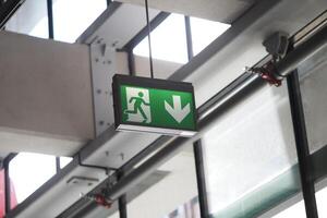Emergency exit sign displayed inside a modern building photo