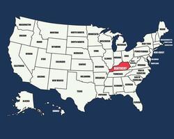 Educational US map with labeled states, highlighting Kentucky in a colorful and informative design. vector