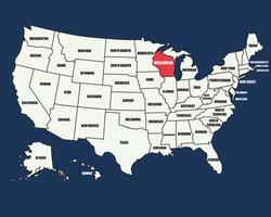 Educational USA map with labeled states, highlighting Wisconsin in vibrant colors for learning and teaching. vector