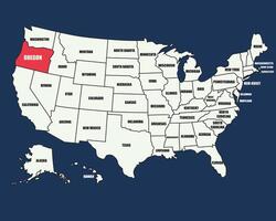 Detailed USA map with state names, highlighting Oregon in color, perfect for education, travel, and maps. vector