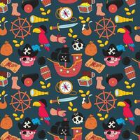 Seamless pirate pattern in hand drawn style featuring nautical icons like skulls, treasure, ships, maps, and swords. Perfect for backgrounds, textile prints, packaging, and more. vector