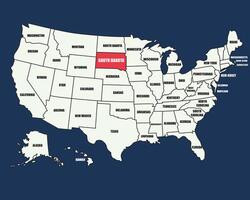 Detailed USA map with state names, highlighting South Dakota, ideal for education, travel, and geography use vector