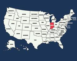 Educational USA map with labeled states, highlighting Indiana in a colorful, informative, and kid-friendly design. vector